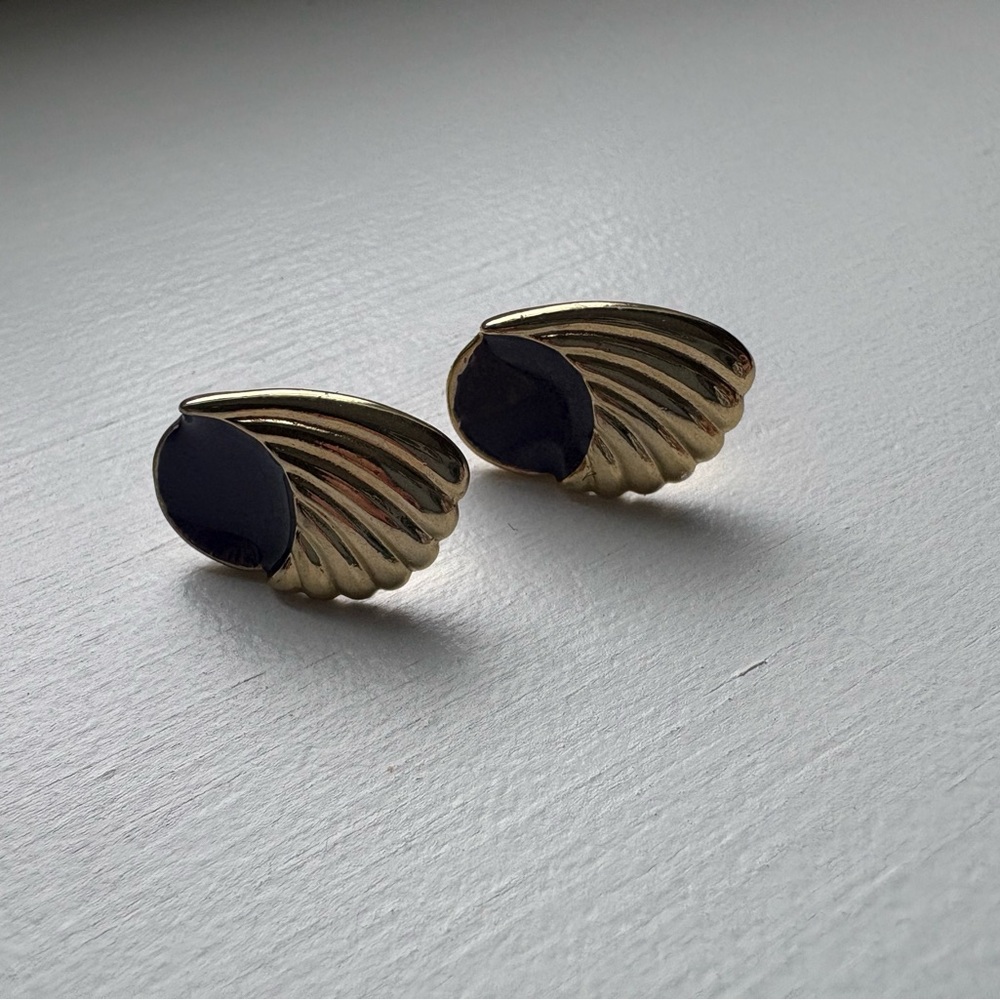 Blue Enamel and Gold Shell Earrings